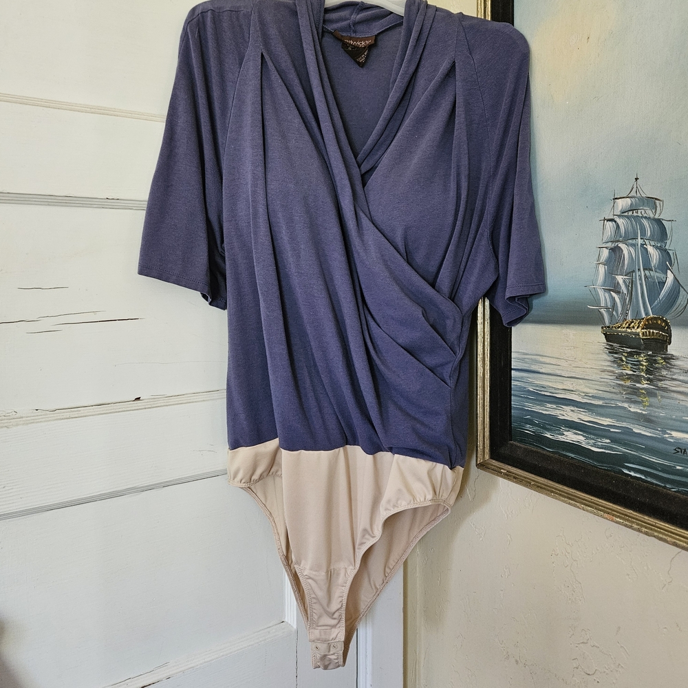 Chadwicks Blue and Cream Wrap Bodysuit - Picture 2 of 16